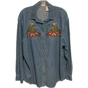 BOBBIE BROOKS XL (16/18) Chambray Embroidered Christmas Bears Shirts Button Down